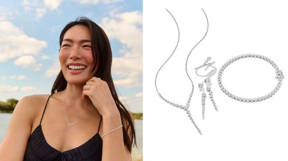 A woman in front of a lake smiles while wearing delicate jewellery made with lab grown diamonds. Right: Lab grown diamonds used in a bracelet, ring, earrings and a necklace.