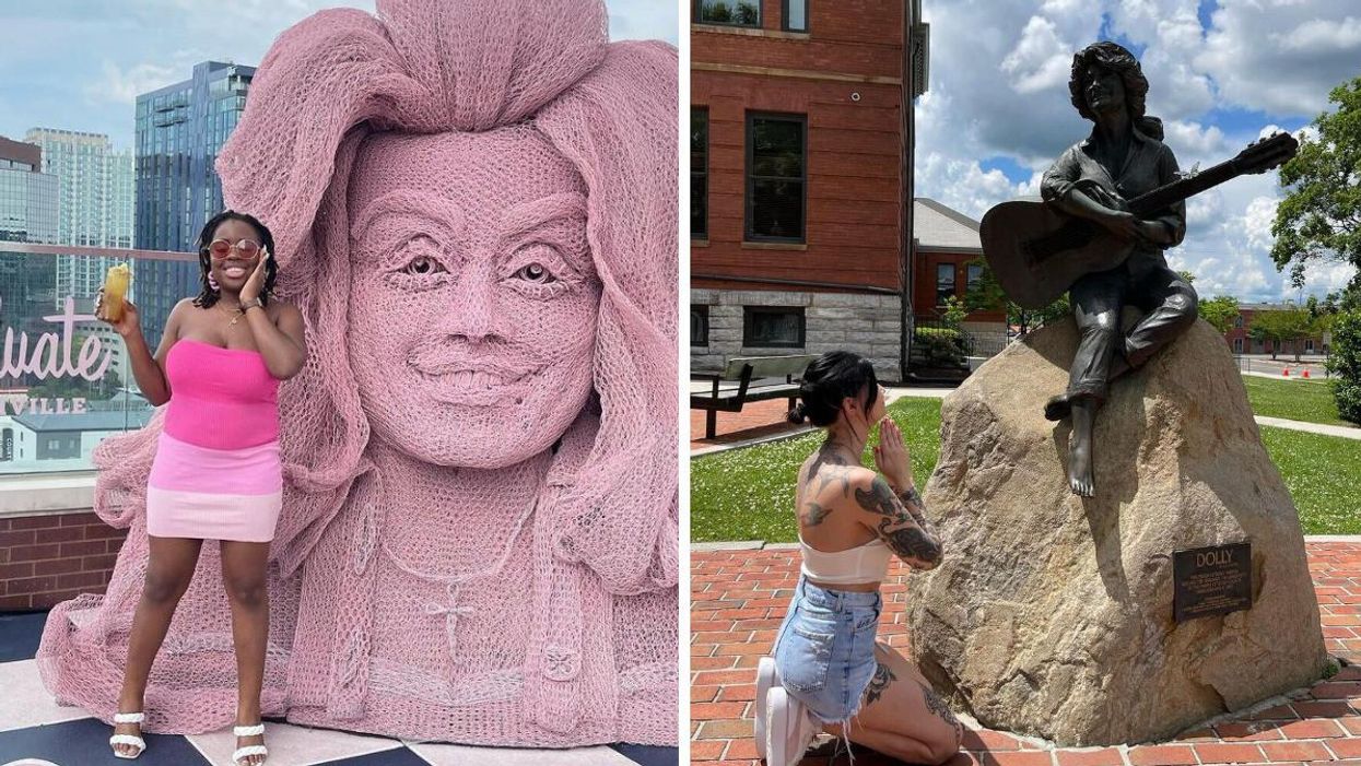 A woman in front of a pink Dolly Parton statue at the Graduate Nashville's White Limozeen. Right: A woman prays in front of the Dolly Parton statue in Sevierville, TN.