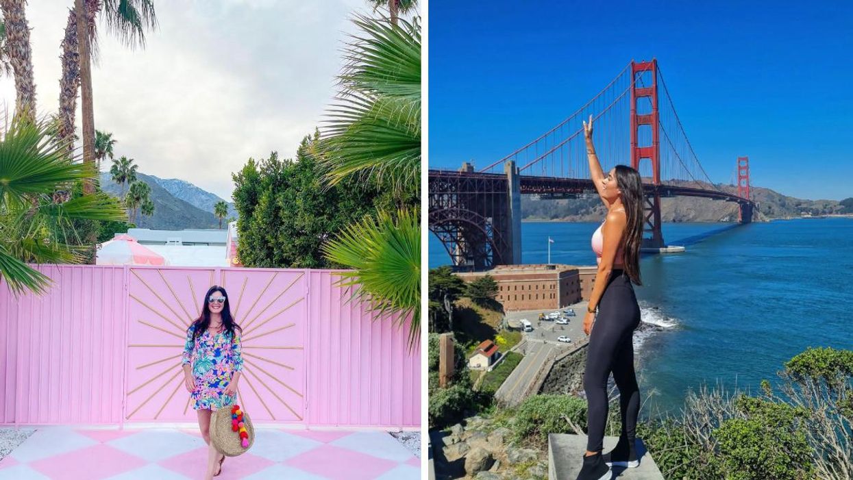 A woman in front of a pink gate in Palm Springs. Right: A woman in front of the Golden Gate Bridge.