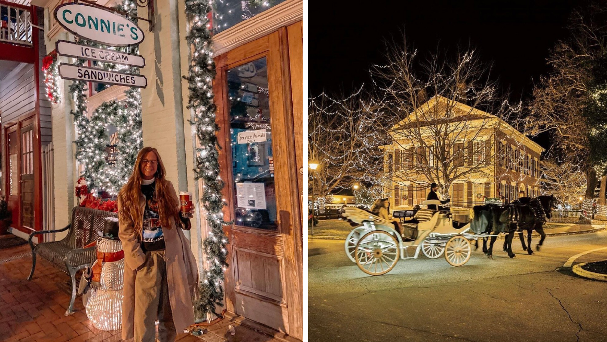A woman in front of a shop with Christmas decorations. Right: A lit up horse drawn carriage in Dahlonega, GA.