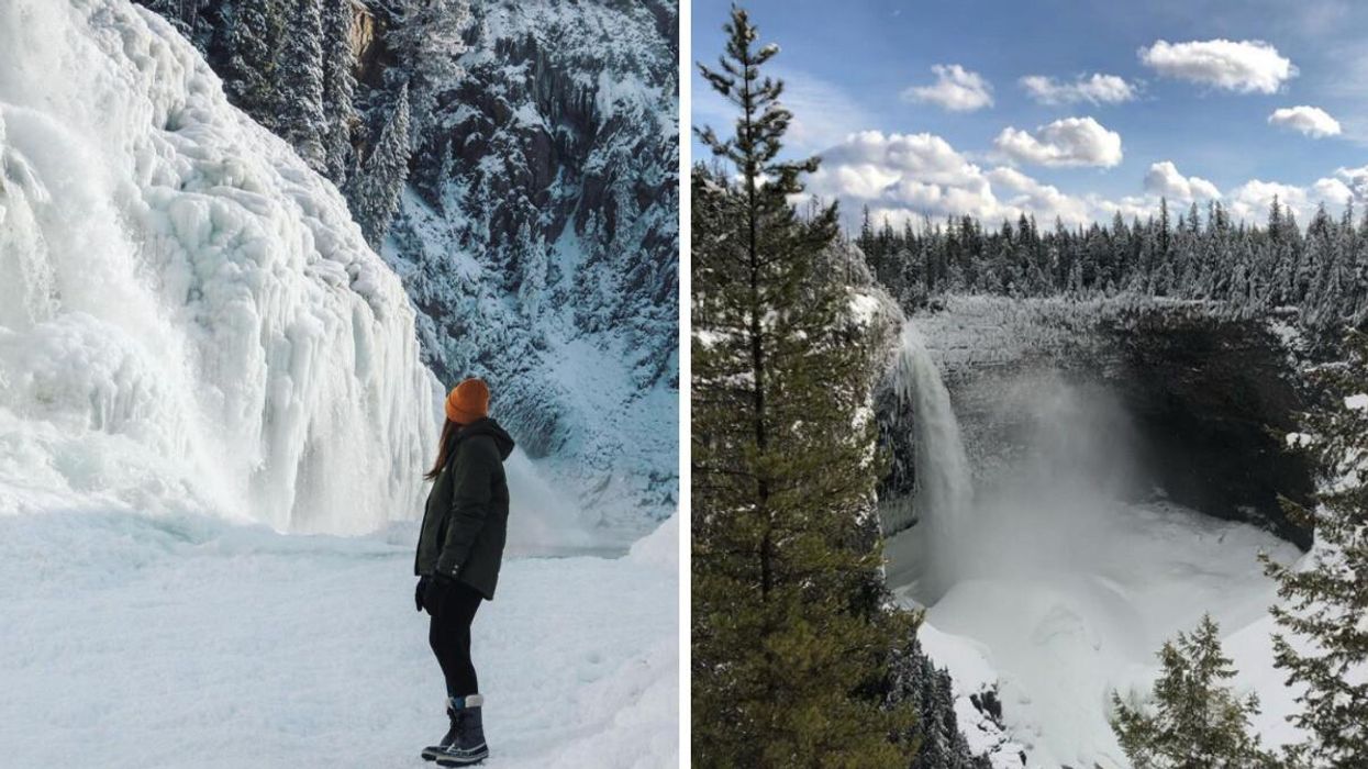 A woman in front of a waterfall. Right: Helmcken falls.