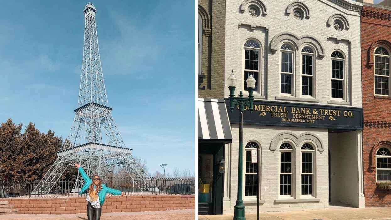 A woman in front of an Eiffel Tower replica in Tennessee. Right: Buildings on a street in Tennessee.