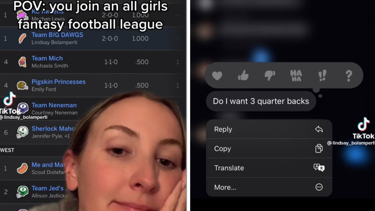 A woman in front of Fantasy Football league standings. Right: A text message from the viral TikTok.