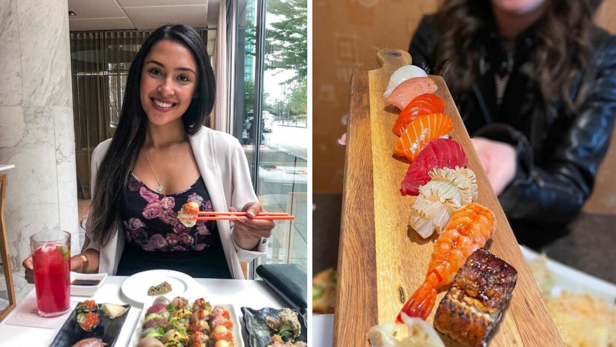 A woman in front of sushi. Right: A tray of sushi held up.