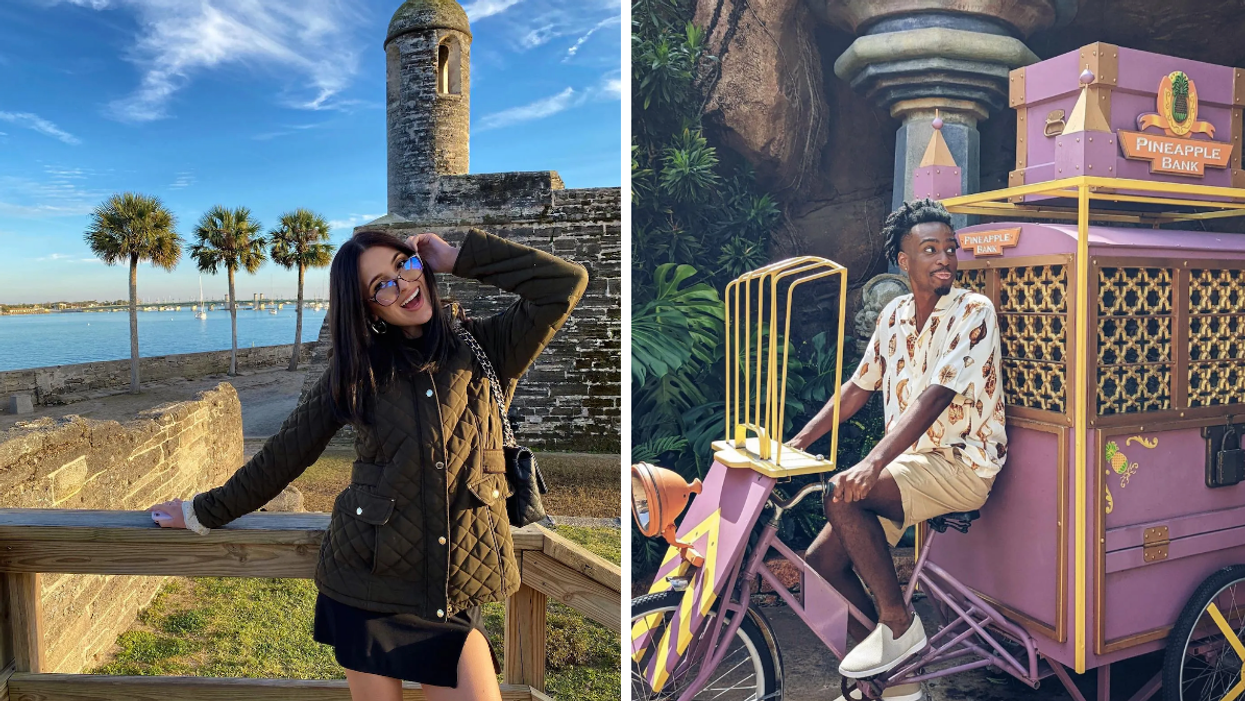 A woman in front of the Castillo de San Marcos. Right: A man at Islands of Adventure.