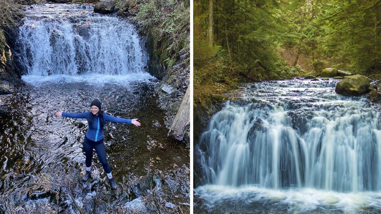 A woman in front of the Rolley Falls. Right: Rolley Falls.