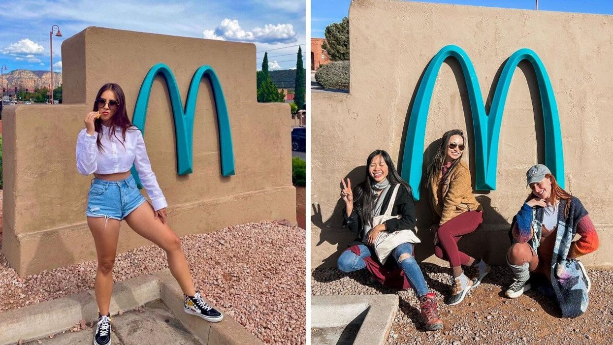 A woman in front of the teal McDonald's logo in Sedona, AZ. Right: A group of friends posing in front of the turquoise McDonald's arches in Arizona.