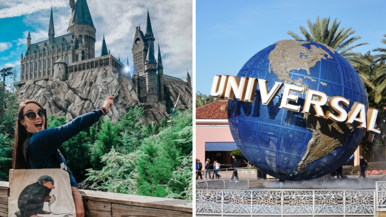 A woman in front of the Wizarding World castle at Universal Studios. Right: The Universal Studios globe.