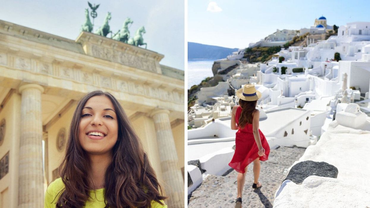A woman in Germany. Right: A traveller in Greece.