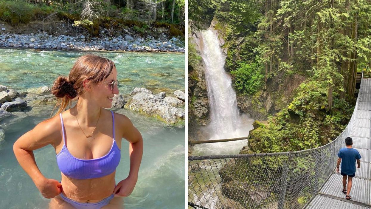 A woman in Lussier Hot Springs. Right: A man walking past Cascade Falls.