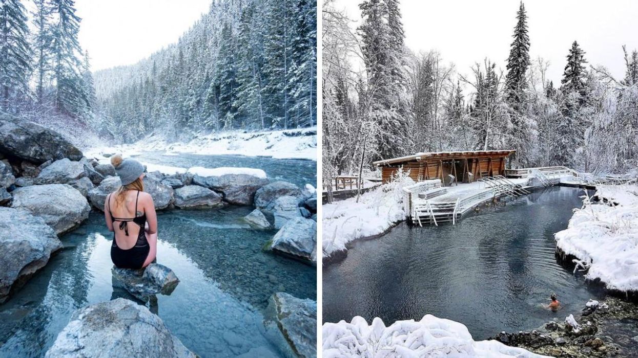 A woman in Lussier Hot Springs. Right: Liard River Hot Springs Provincial Park.