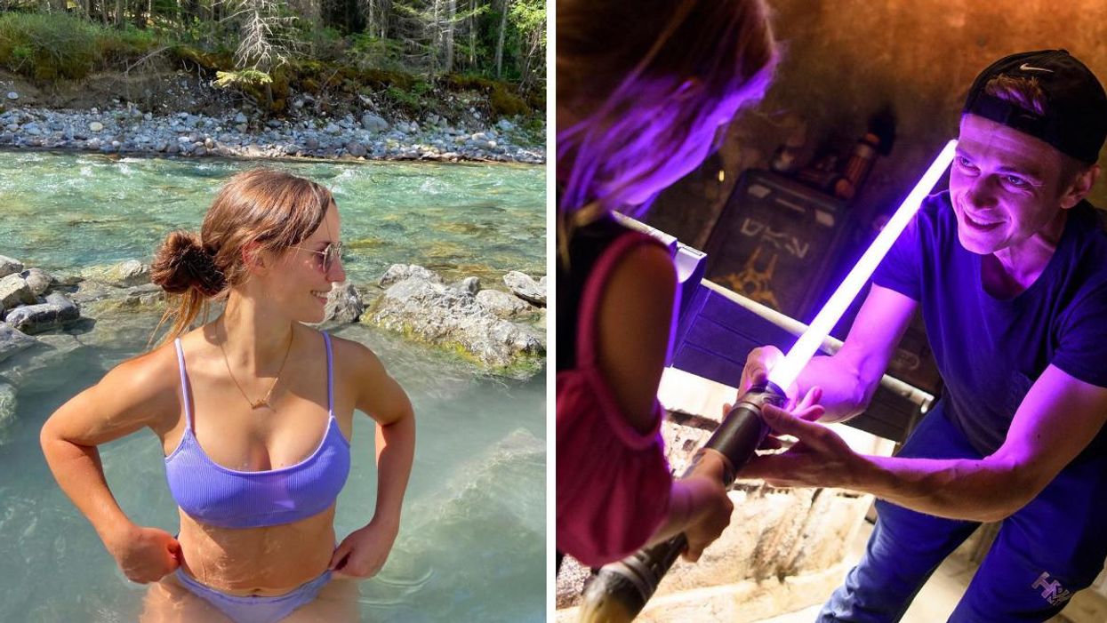 A woman in Lussier Hot Springs. Right: Star Wars actor Hayden Christensen with his daughter in 2019.