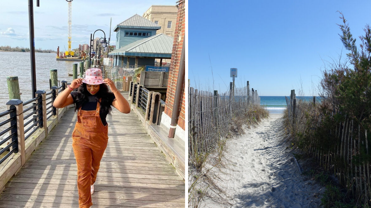 A woman in North Carolina. Right: A path of sand leading to Wrightsville Beach, NC.