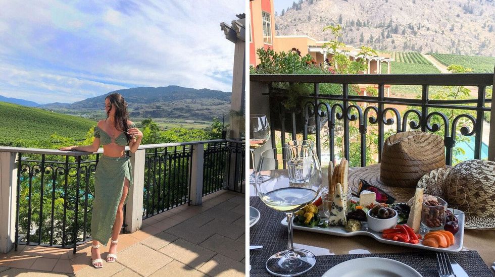 A woman in Oliver, B.C. Right: Food at the Burrowing Owl Winery in Oliver.