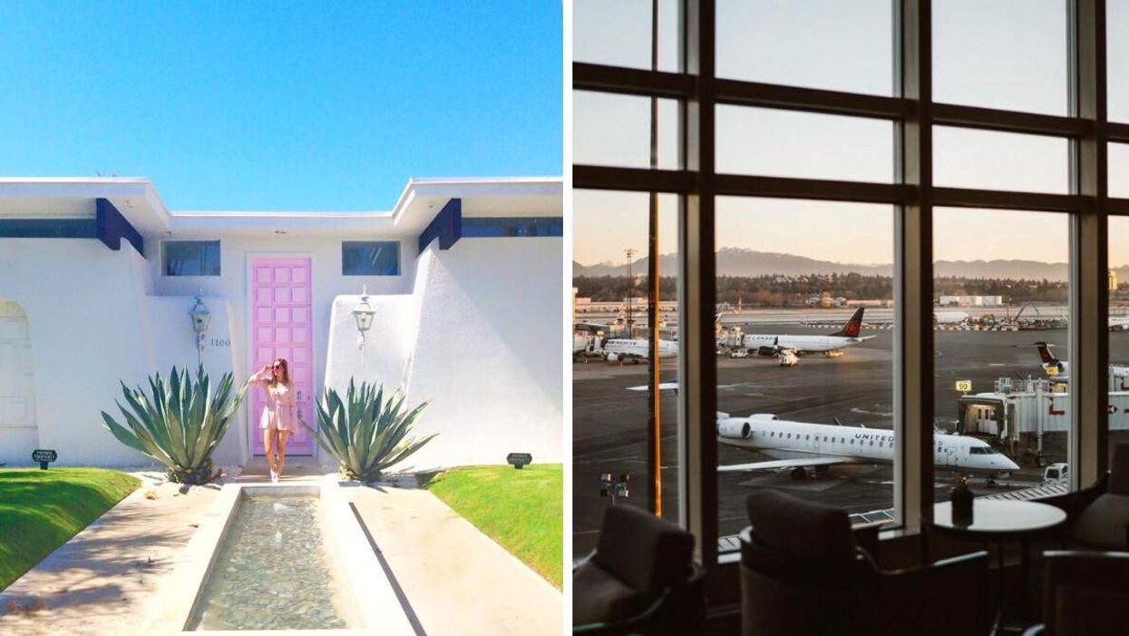 A woman in Palm Springs. Right: YVR.