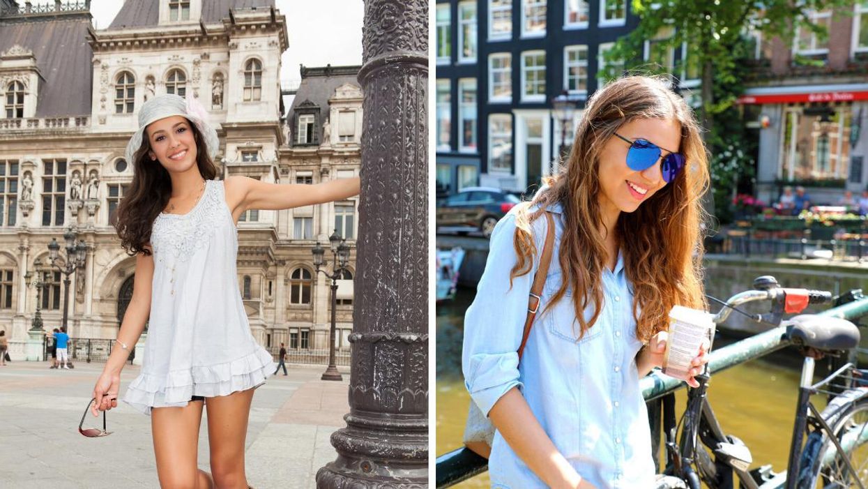 A woman in Paris, France. Right: A tourist in Amsterdam.