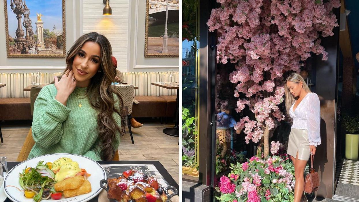 A woman in Paul Bakery, Café and Restaurant. Right: A woman in front of Bonjour Vietnam Bistro & Cocktail Bar.