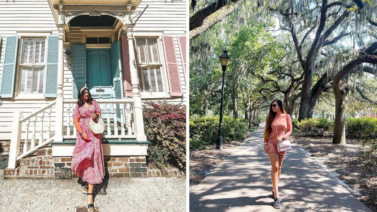 A woman in Rainbow Row in Savannah, GA. Right: A woman in Forsyth Park in Savannah, GA.