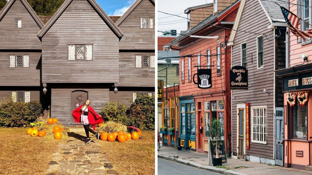A woman in Salem, Massachusetts . Right: Shops in Salem.