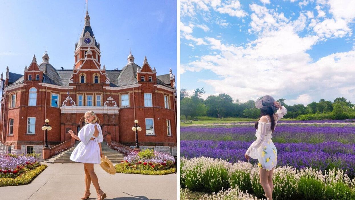 A woman in Stratford, Ontario. Right: A woman stands in a lavender field in Ontario.