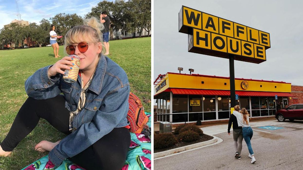 A woman in sunglasses in a park. Right: A couple outside of a Waffle House.