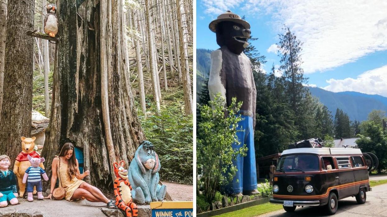 A woman in The Enchanted Forest. Right: Smokey The Bear.