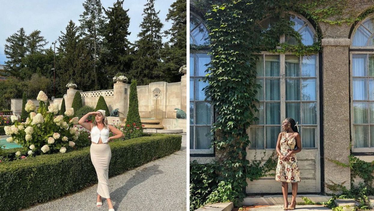 A woman in the garden at Parkwood Estate. Right: A woman poses by the mansion at Parkwood Estate.