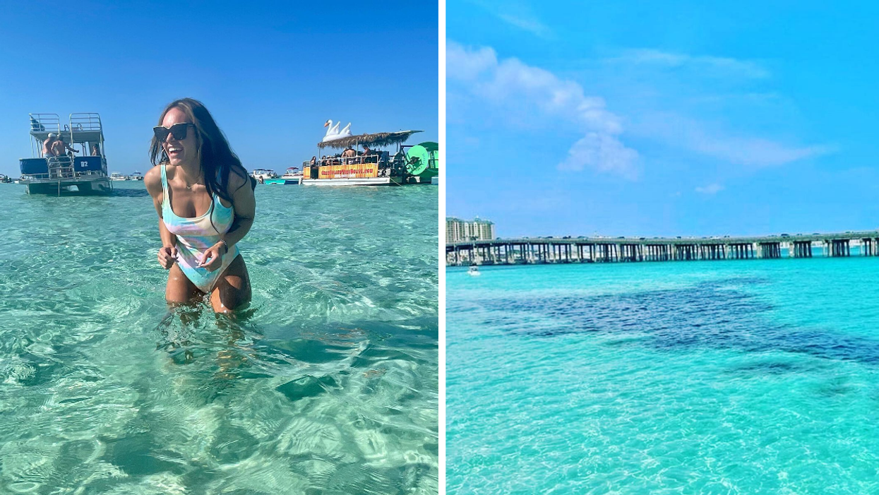 A woman in the middle of the turquoise water at Crab Island. Right: The clear blue waters at the Crab Island.