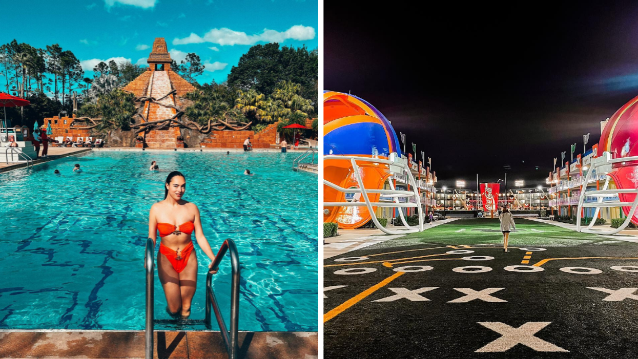 A woman in the pool at Disney's Coronado Springs Resort, Right: a woman walking at Disney's All-Star Sports Resort.