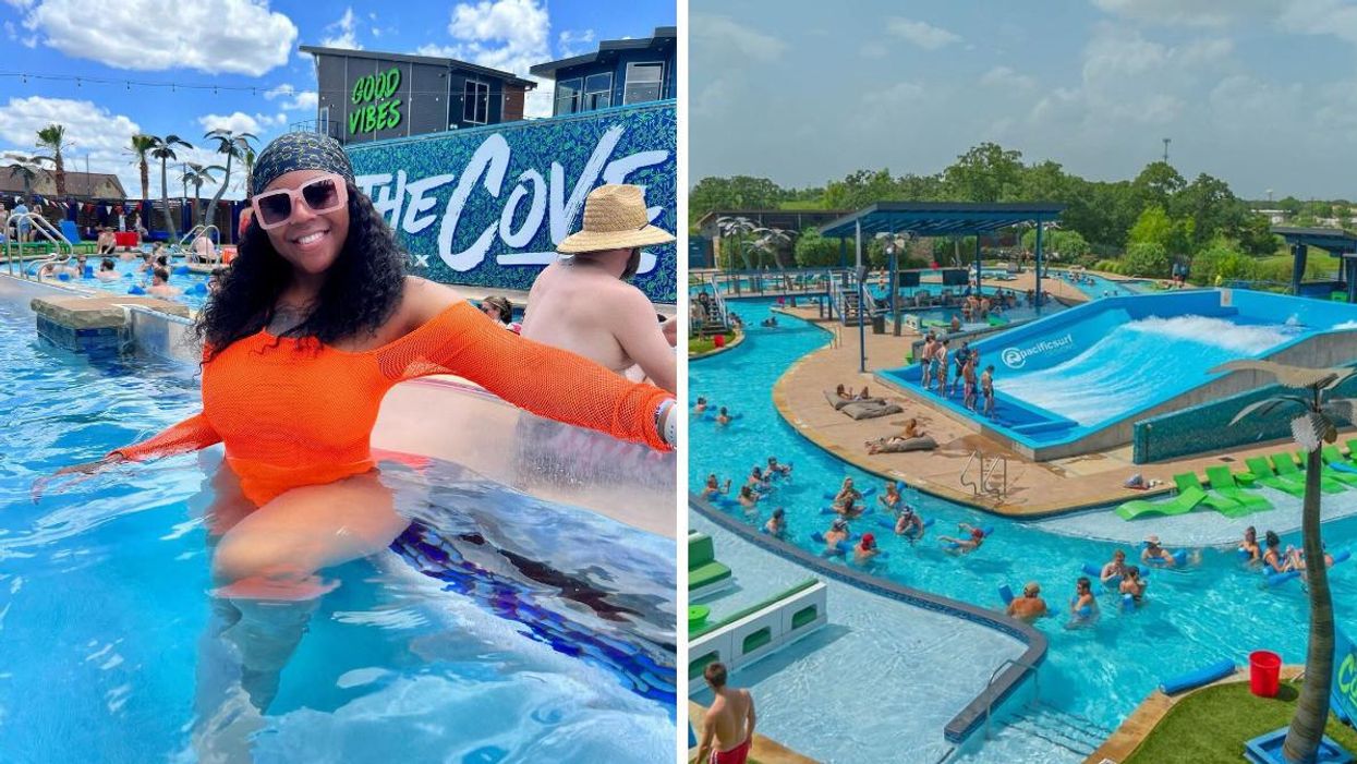 A woman in the pool at The Cove at BearX. Right: An overview of the lazy river and surf machine at The Cove at BearX.