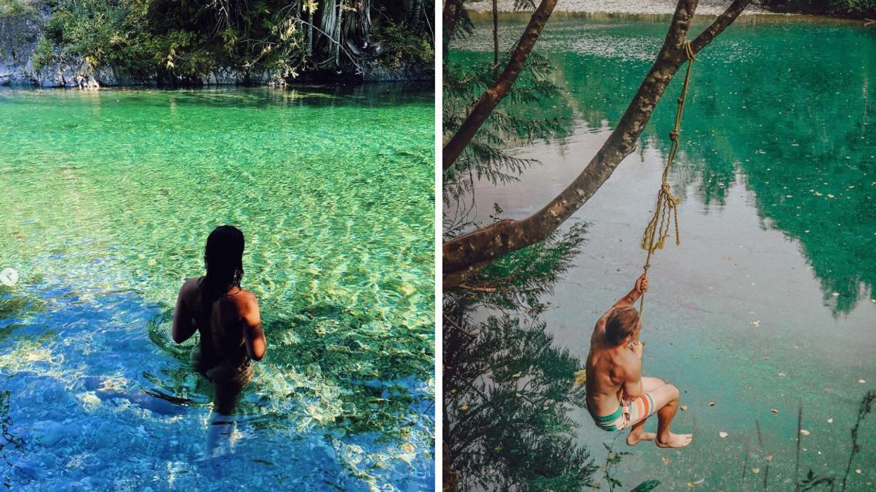 A woman in the river. Right: A man on a rope swing going into the river.