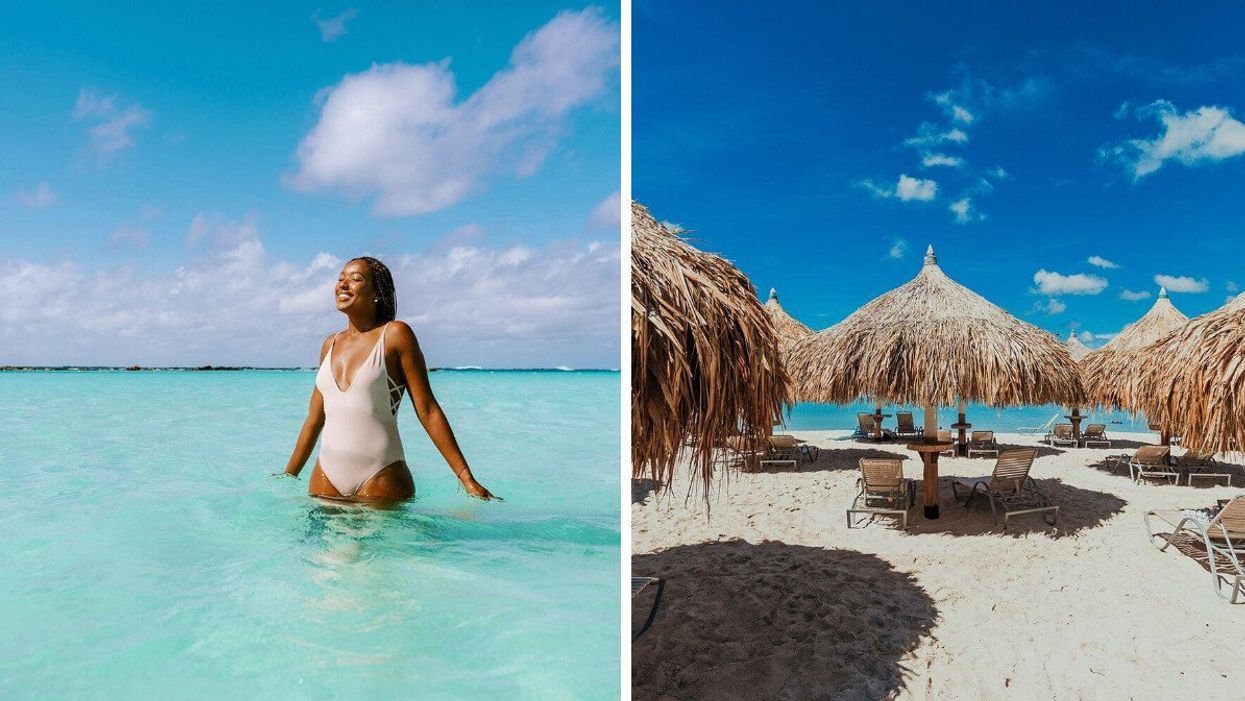 A woman in the water of a beach in Aruba. Right: A beach in Aruba.