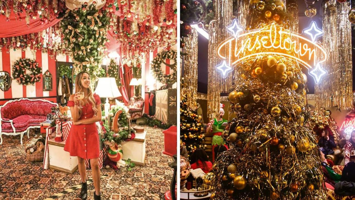 A woman in Tinseltown. Right: A Christmas tree.
