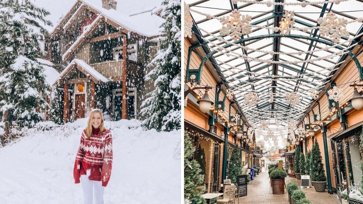 A woman in Whistler. Right: The town of Sidney.