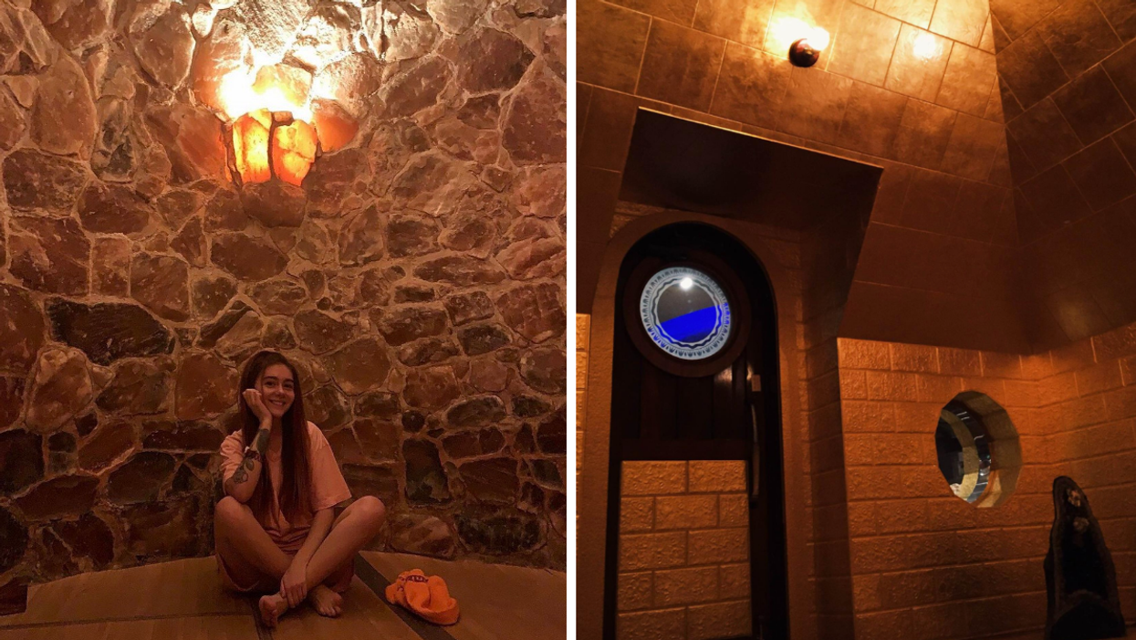 A woman inside one of the saunas at King Spa in Chicago, IL. Right: The Pyramid sauna at King Spa in Chicago, IL.
