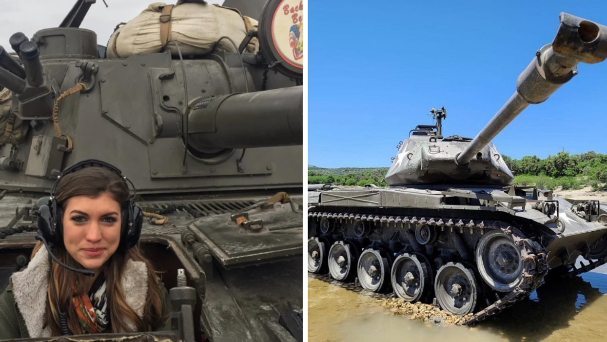 A woman inside one of the tanks. Right: An M41 Walker Bulldog tank.