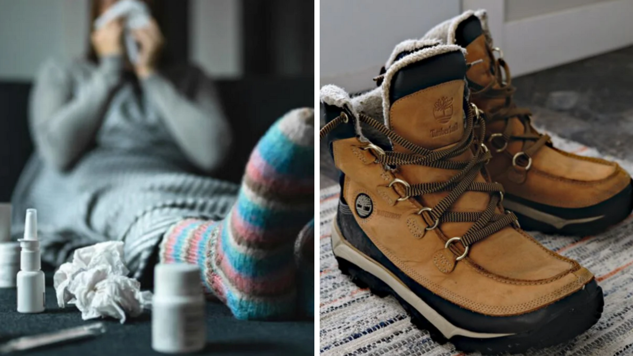 A woman is blowing her nose as she deals with a cold. Right: A pair of Timberland winter boots.