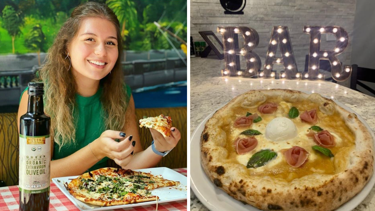 A woman is enjoying pizza in Tampa. Right: Pizza from Viva Napoli in Tampa.