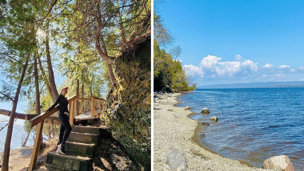 A woman is seen standing on a wooden staircase in a forest. Right: A rocky beach is seen by a blue river.