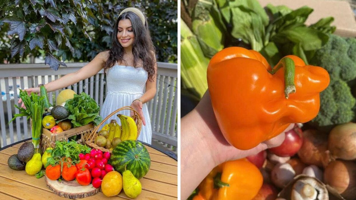 A woman is standing with a $32 medium box of produce. Right: A distorted bell pepper.
