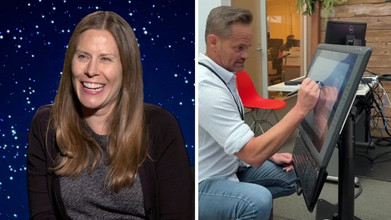 A woman laughing during an interview. Right: A man drawing on a computer screen.