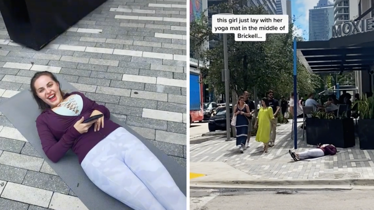 A woman laying on the sidewalk. Right: A woman laying on a yoga mat in the middle of Brickell.