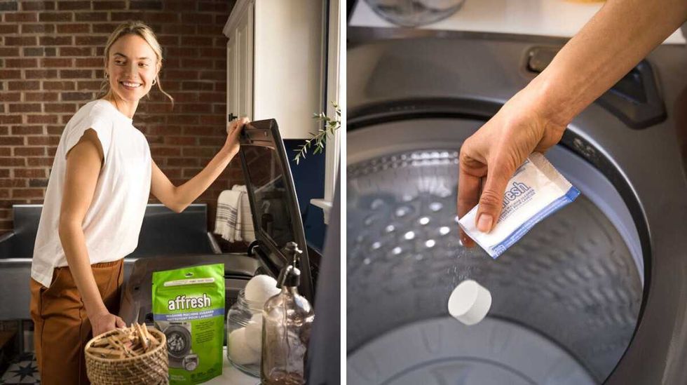 A woman loads a washing machine. affresh washing machine tablets are on the counter next to her. Right: An affresh washing machine cleaner tablet is added to the tub of a top load washing machine.