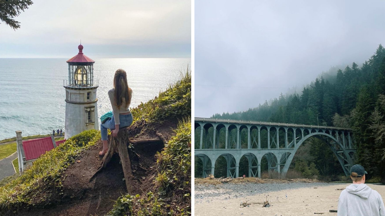 A woman looking at a lighthouse. Right: A man in front of a bridge.