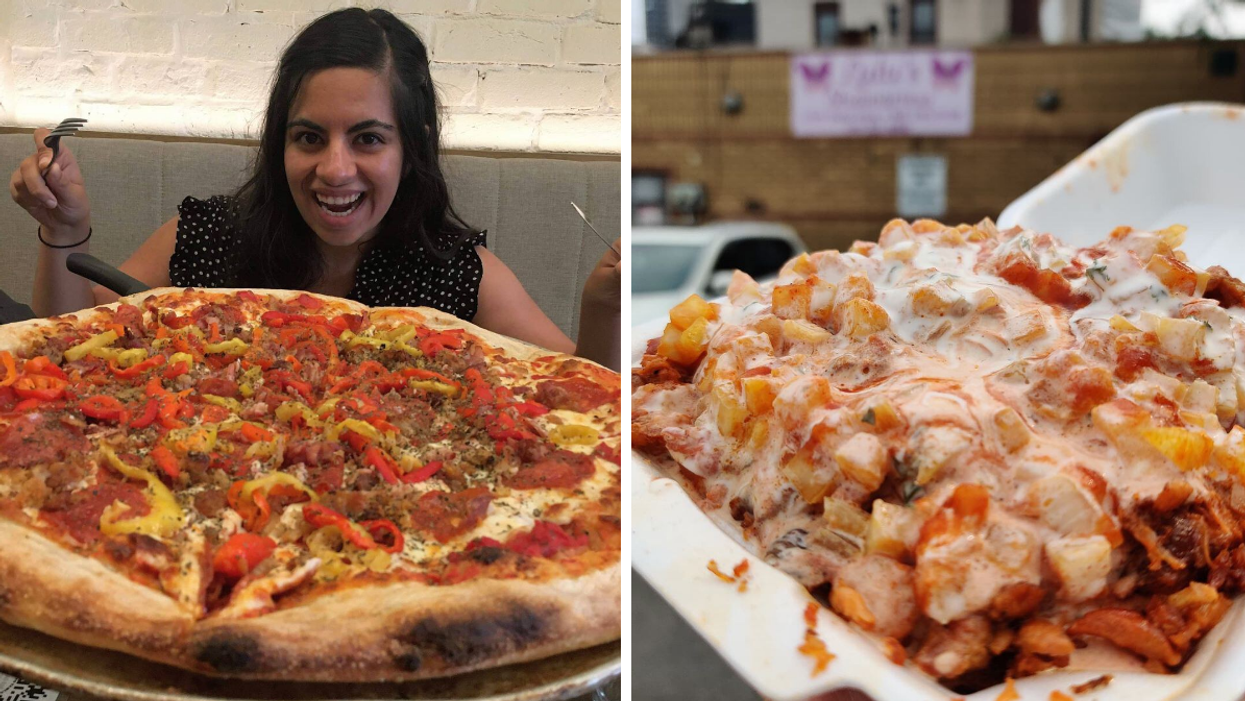 A woman looking at a pizza in foreground. Right: A pasta dish dripping with cheese.