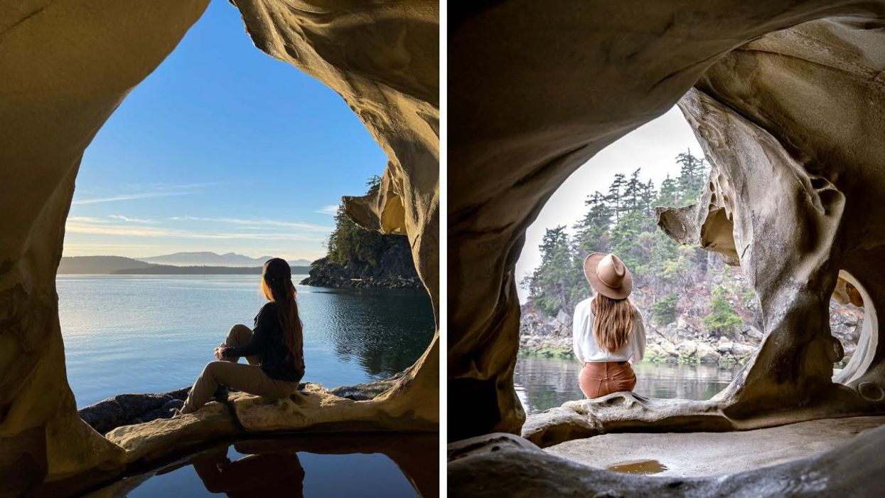 A woman looking at the ocean in the cave. Right: A woman looking at the ocean in the cave.