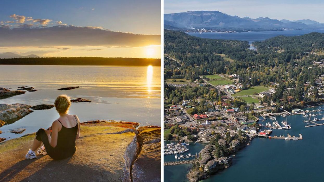 A woman looking out to the ocean from Salt Spring Island. Right: Salt Spring Island.