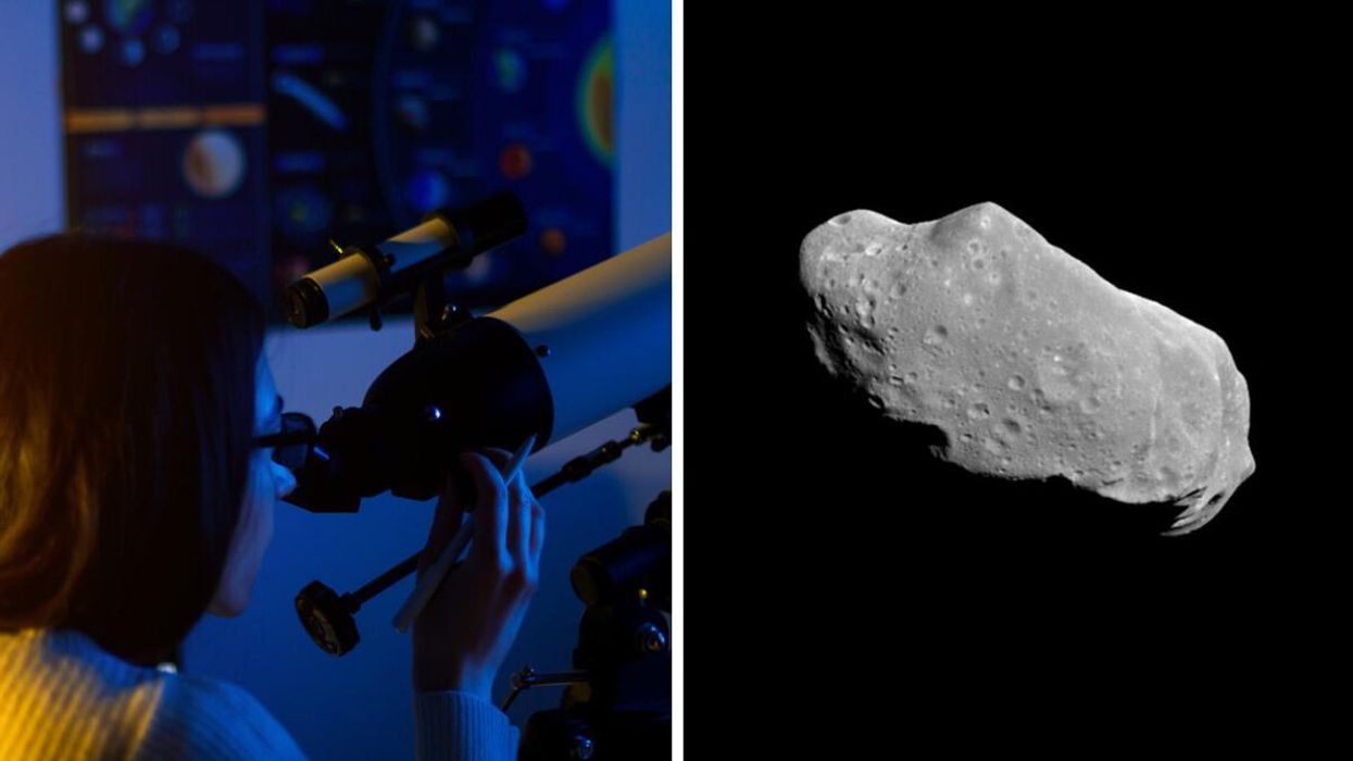 A woman looking through a telescope. Right: An asteroid.