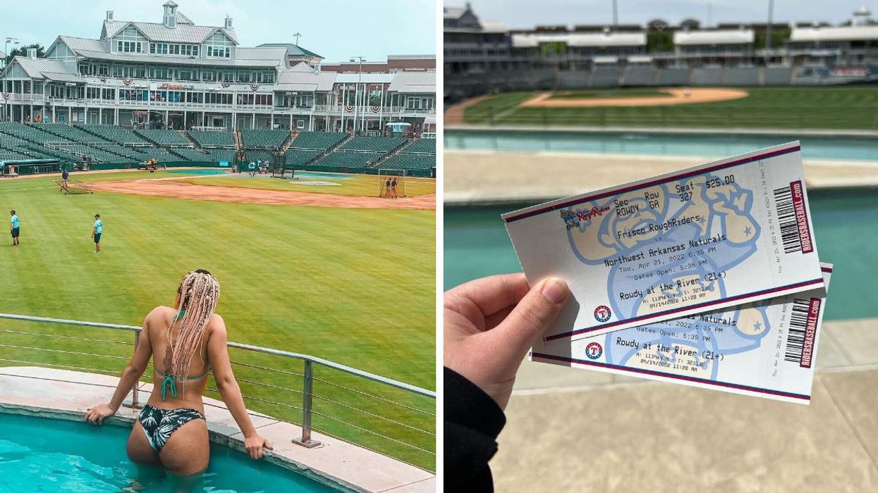 A woman looks at Riders Field from the lazy river. Right: A hand holding tickets in front of the water at Riders Field.