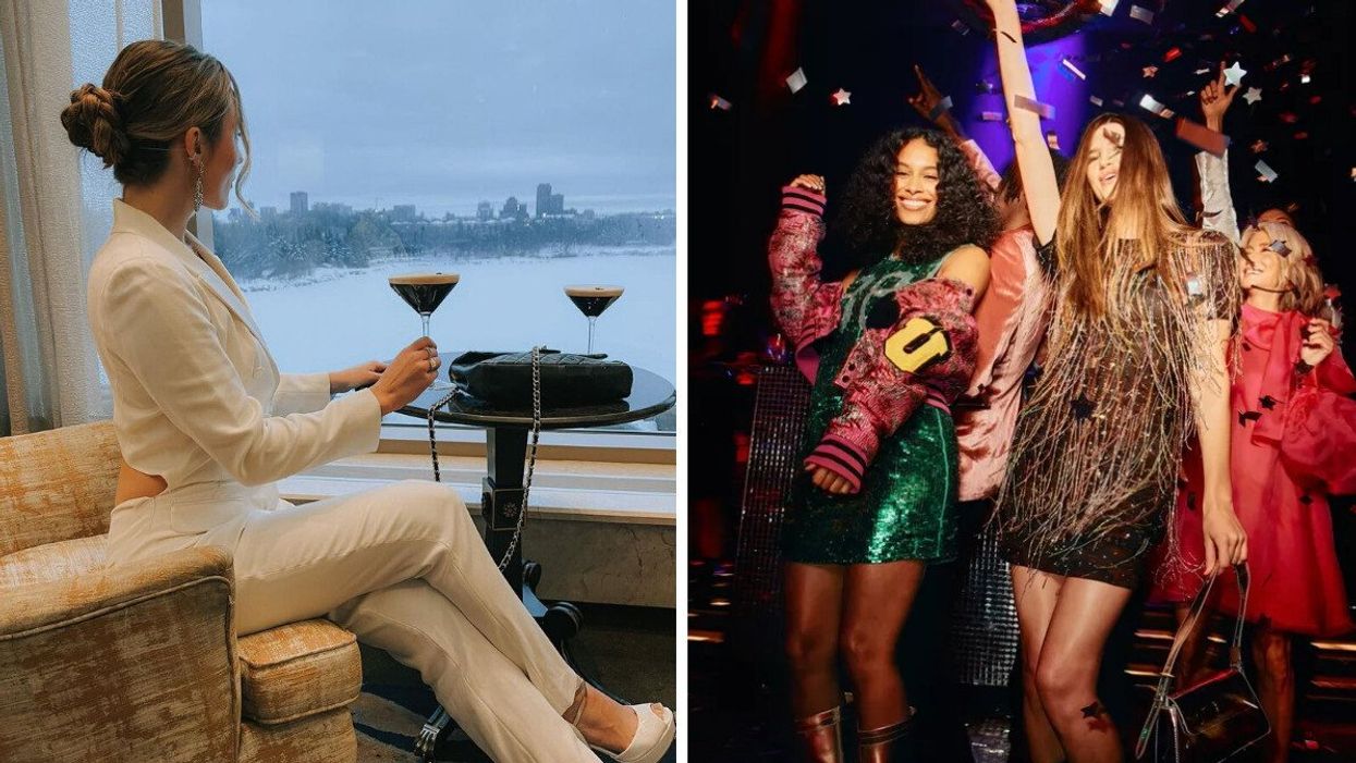 A woman looks out a window while holding an espresso martini. Right: People dance in a club.